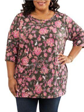 Kim Rogers Plus Size 2X Top Floral Print Green Pink 3/4 Sleeve 100% Cotton
